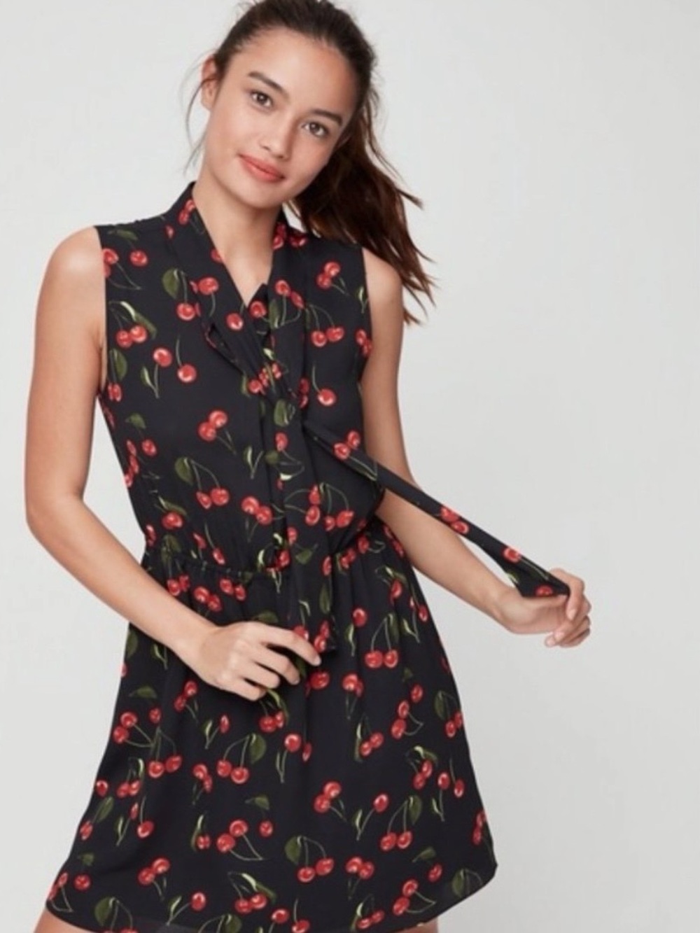 Sunday Best (Aritzia) Sleeveless Cherry Print Tie-Neck Dress - Black/Red